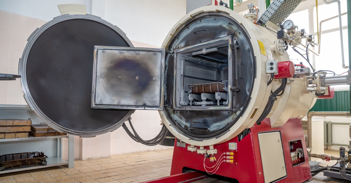 A cylindrical machine with a door that’s hanging open. There is a square compartment inside the machine.