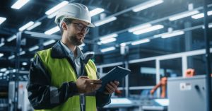 A man in a high-visibility vest and a hard hat is looking at a tablet in his hands. He’s in an industrial warehouse.