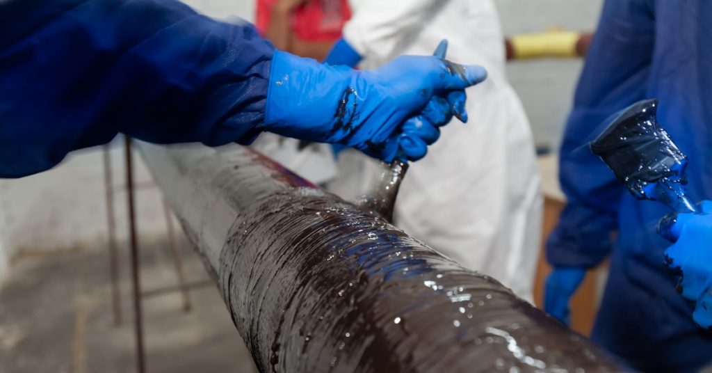 A person wearing a blue glove is applying a substance to a long rod. There are other people in the background. 