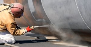 A person is wearing protective gear as they spray a large metal object with a spray nozzle.