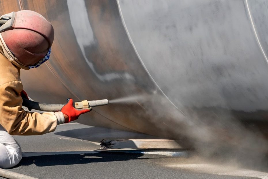 A person is wearing protective gear as they spray a large metal object with a spray nozzle.
