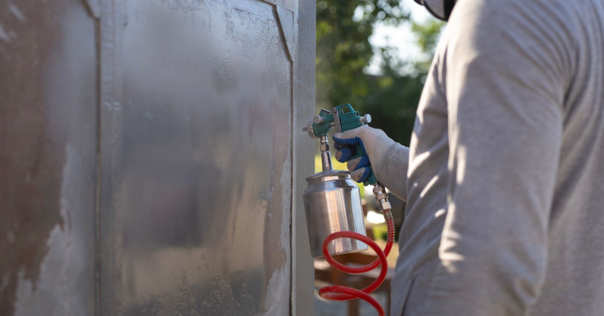 A person is standing in front of a sheet of metal. They are holding a spray gun in their hand pointing it at the metal.